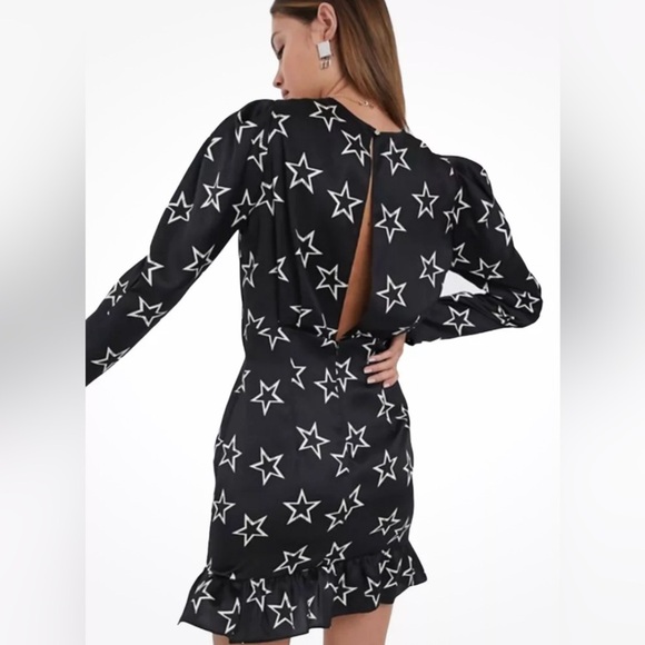 River Island Star Print Black 80's Retro Mini Dress Key hole back long sleeve - Picture 2 of 16